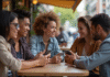 Groupe de jeunes adultes avec smartphones en ville
