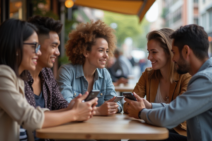 Groupe de jeunes adultes avec smartphones en ville