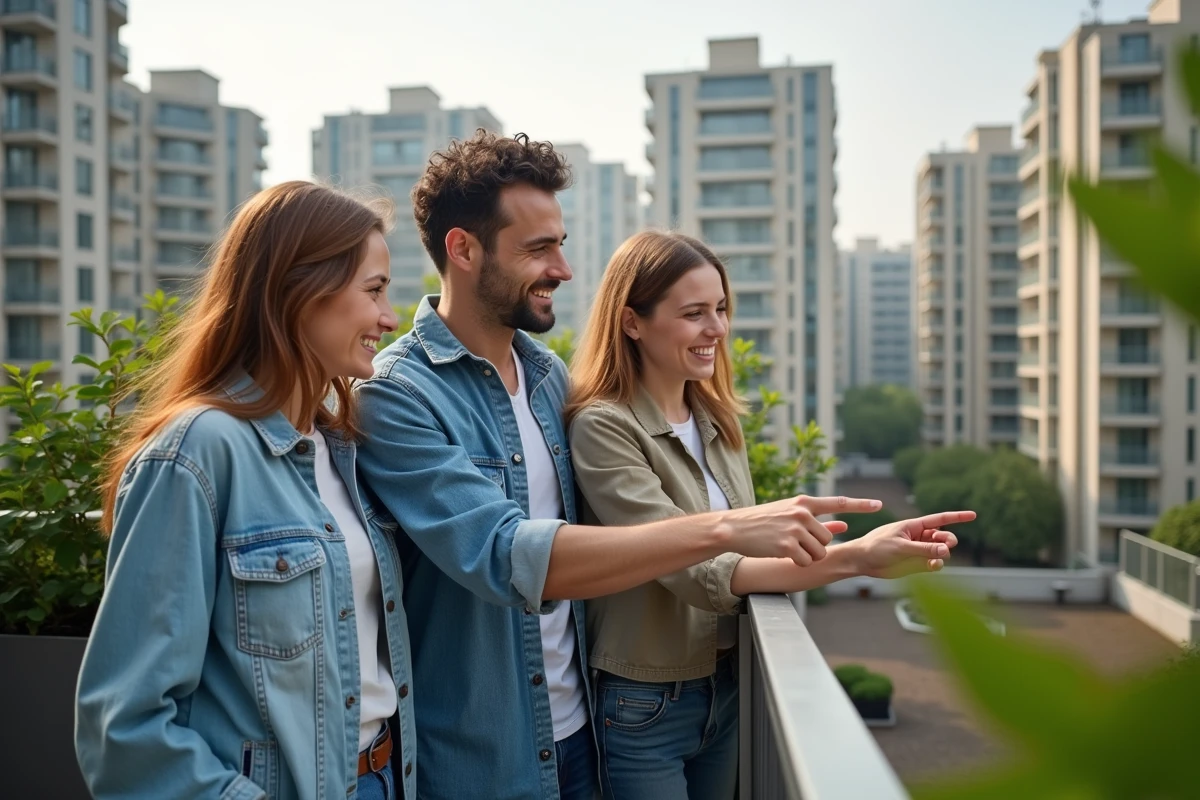 Groupe divers de jeunes professionnels sur un balcon ensoleille