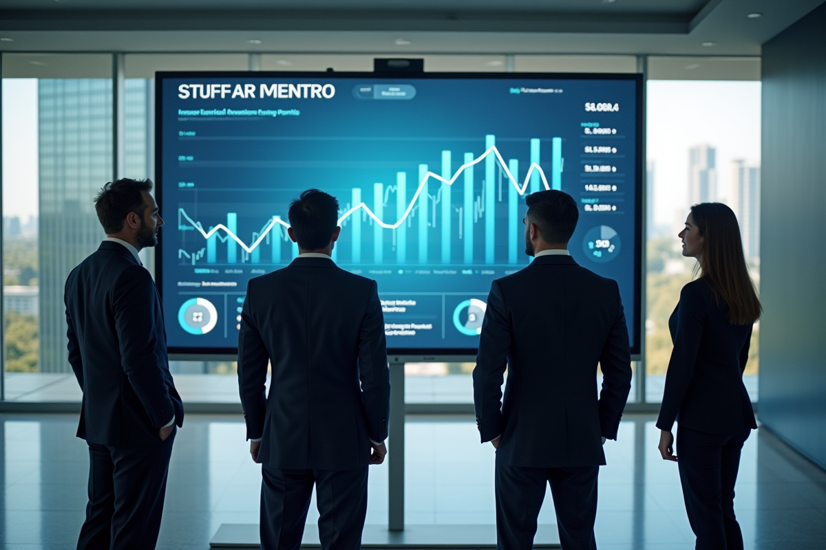 Groupe de professionnels devant un écran avec graphique d