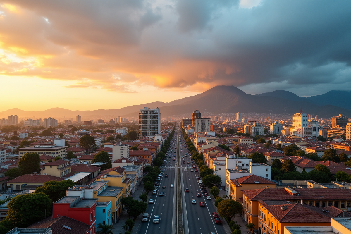 Vue panoramique de Guatemala City au coucher du soleil avec montagnes