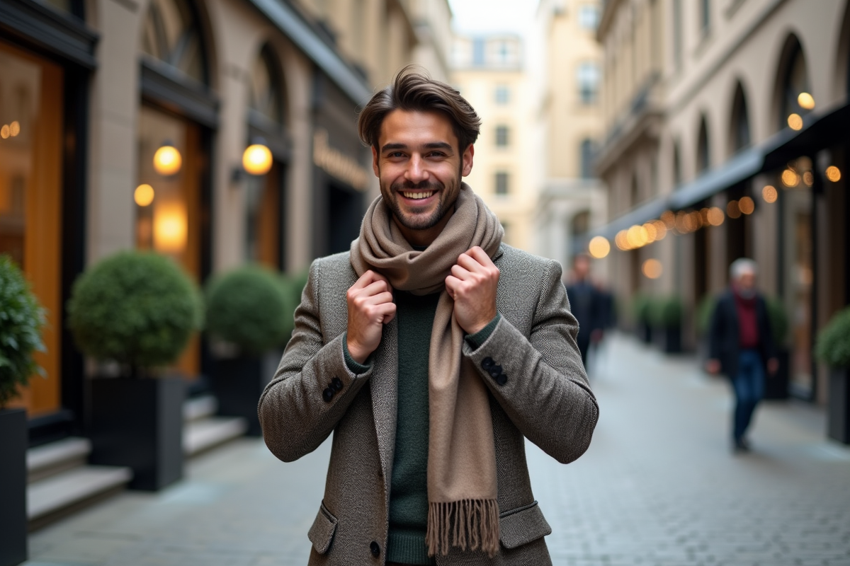 Jeune homme ajustant une écharpe tendance en ville