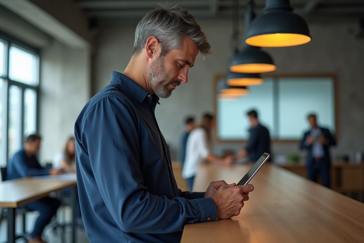 Homme professionnel consultant une application d'actualités sur smartphone dans un espace de coworking moderne