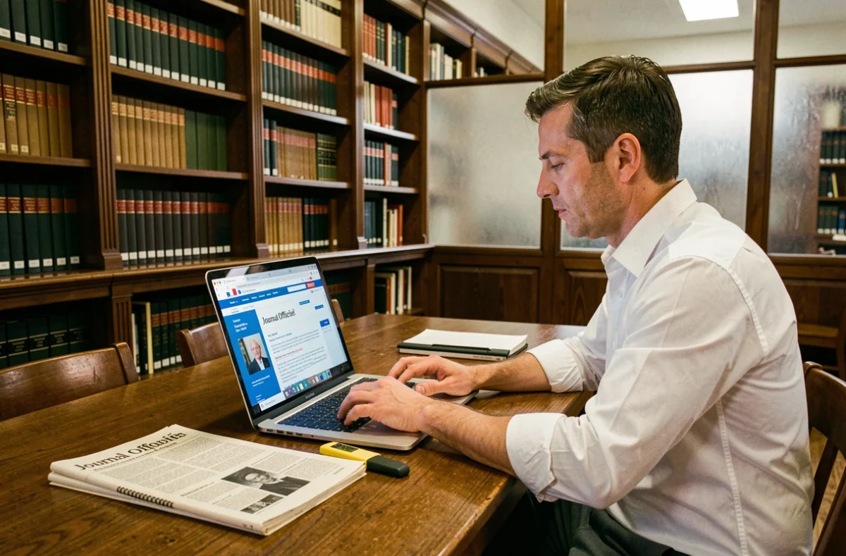 Homme consultant le Journal Officiel des associations sur un ordinateur portable dans une bibliothèque juridique