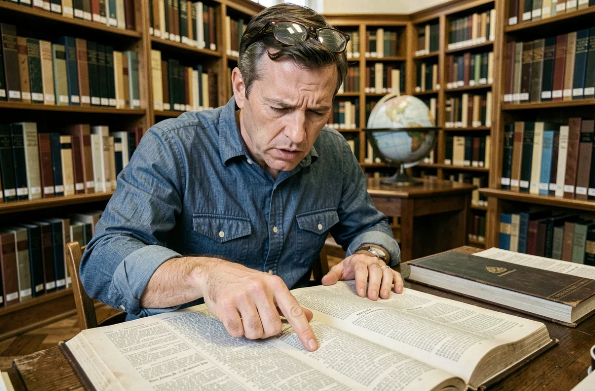 Homme en bibliothèque consultant un thésaurus ouvert pour trouver des synonymes, entouré de rangées de livres anciens