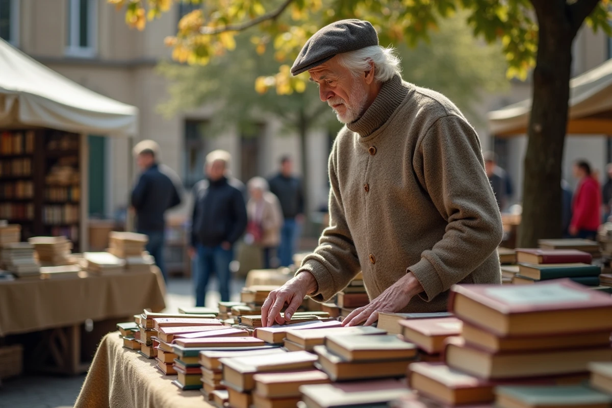Homme âgé organisant des livres anciens au marché de Bourgogne