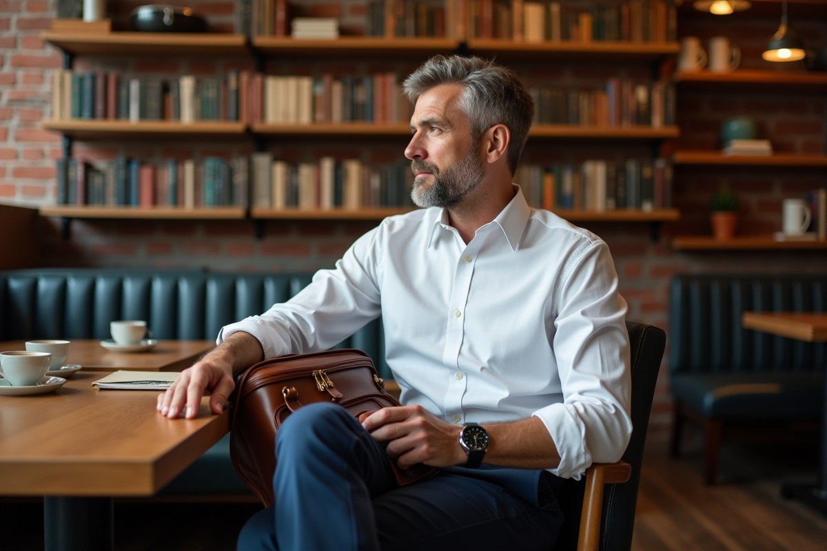 Homme d age moyen assis dans un café avec accessoires