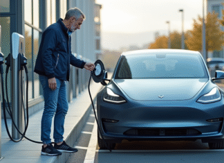 Optimisation et durée de vie de la batterie d’une voiture électrique : tout ce que vous devez savoir Homme connectant sa voiture électrique au chargeur urbain