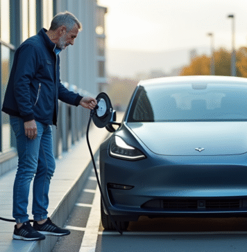 Optimisation et durée de vie de la batterie d’une voiture électrique : tout ce que vous devez savoir Homme connectant sa voiture électrique au chargeur urbain