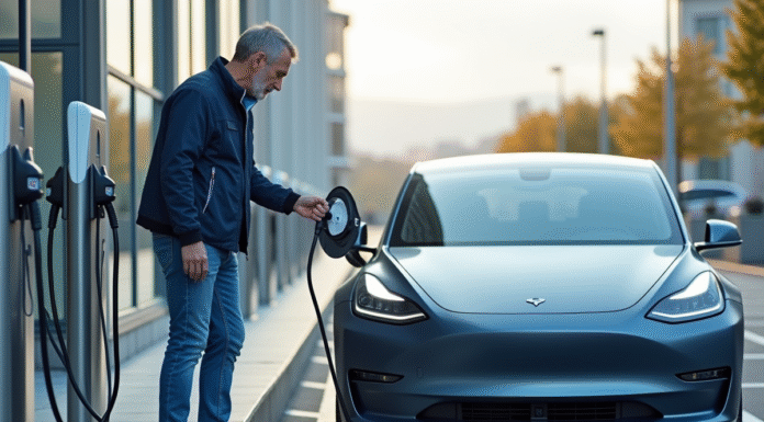 Homme connectant sa voiture électrique au chargeur urbain