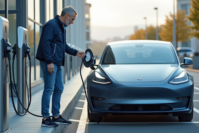 homme-charge-voiture-electrique Homme connectant sa voiture électrique au chargeur urbain