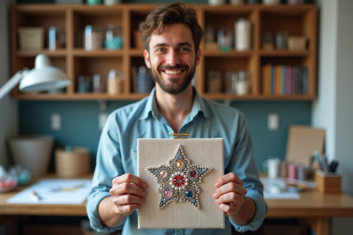 Homme heureux montrant sa broderie de diamants dans un atelier créatif