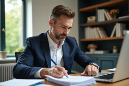Homme d'âge moyen en costume dans un bureau lumineux