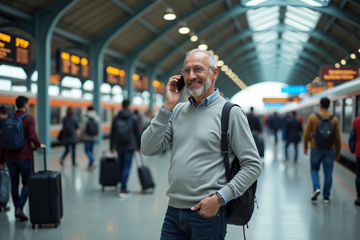 Homme parlant dans un casque à la gare en voyage