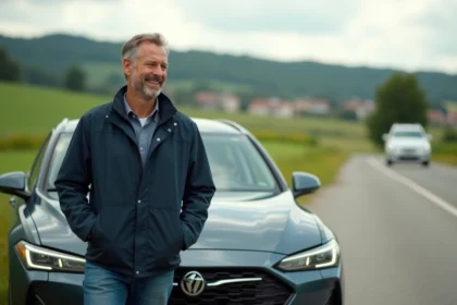 Homme d'âge moyen près d'une voiture hybride en campagne