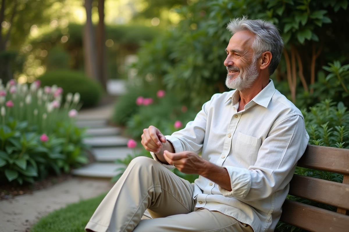 Homme en lin vert dans un jardin verdoyant