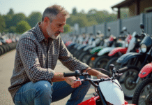 Comment évaluer le prix d’une moto-cross 150cc avant l’achat Homme examine une moto-cross 150cc dans un dépôt extérieur