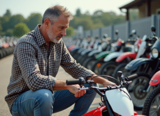 Homme examine une moto-cross 150cc dans un dépôt extérieur