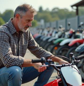 Comment évaluer le prix d’une moto-cross 150cc avant l’achat Homme examine une moto-cross 150cc dans un dépôt extérieur
