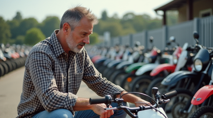 Homme examine une moto-cross 150cc dans un dépôt extérieur