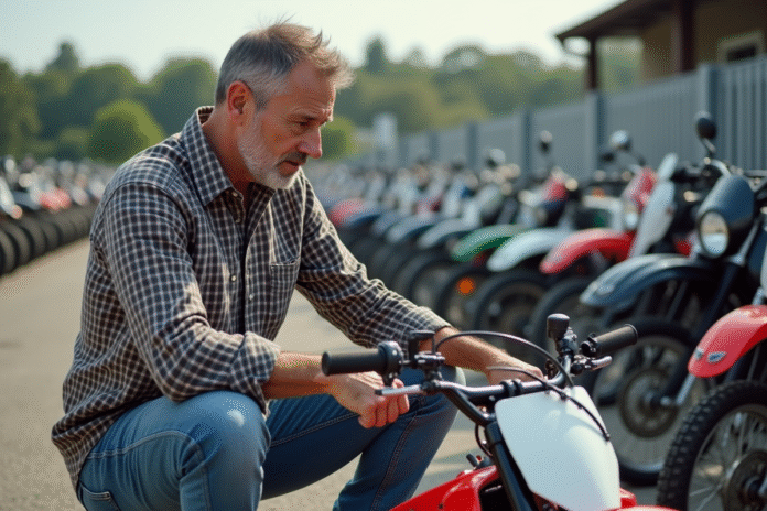 Homme examine une moto-cross 150cc dans un dépôt extérieur