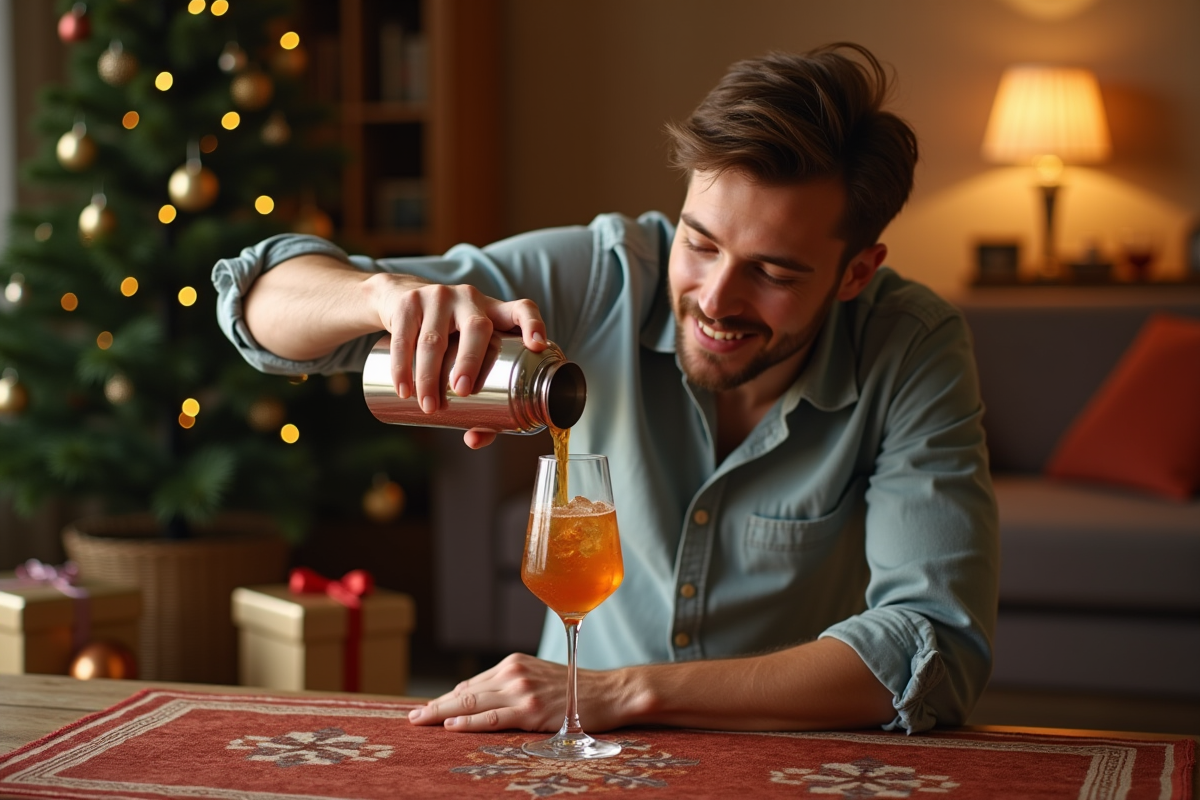 Jeune homme versant un cocktail épicé dans un verre en cristal