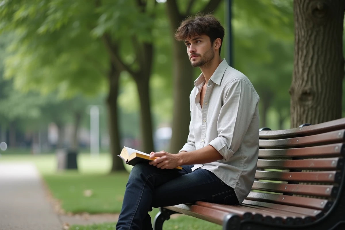 Jeune homme priant assis sur un banc dans un parc