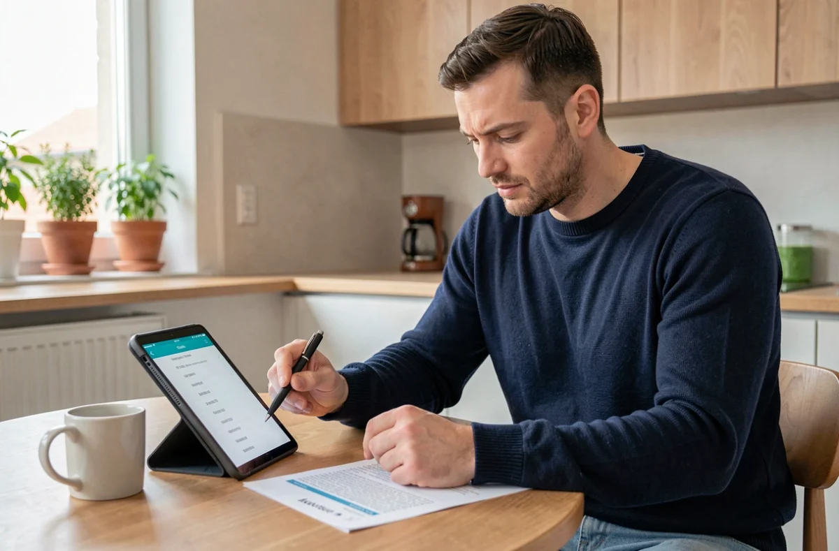 Homme consultant une liste de numéros de téléphone pour le service client en Suisse sur une tablette à son domicile