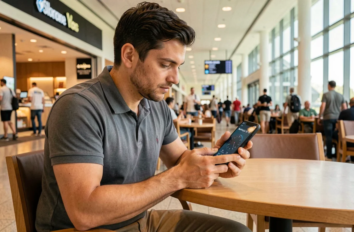 Homme consultant l'heure en Martinique sur son smartphone dans un salon d'aéroport