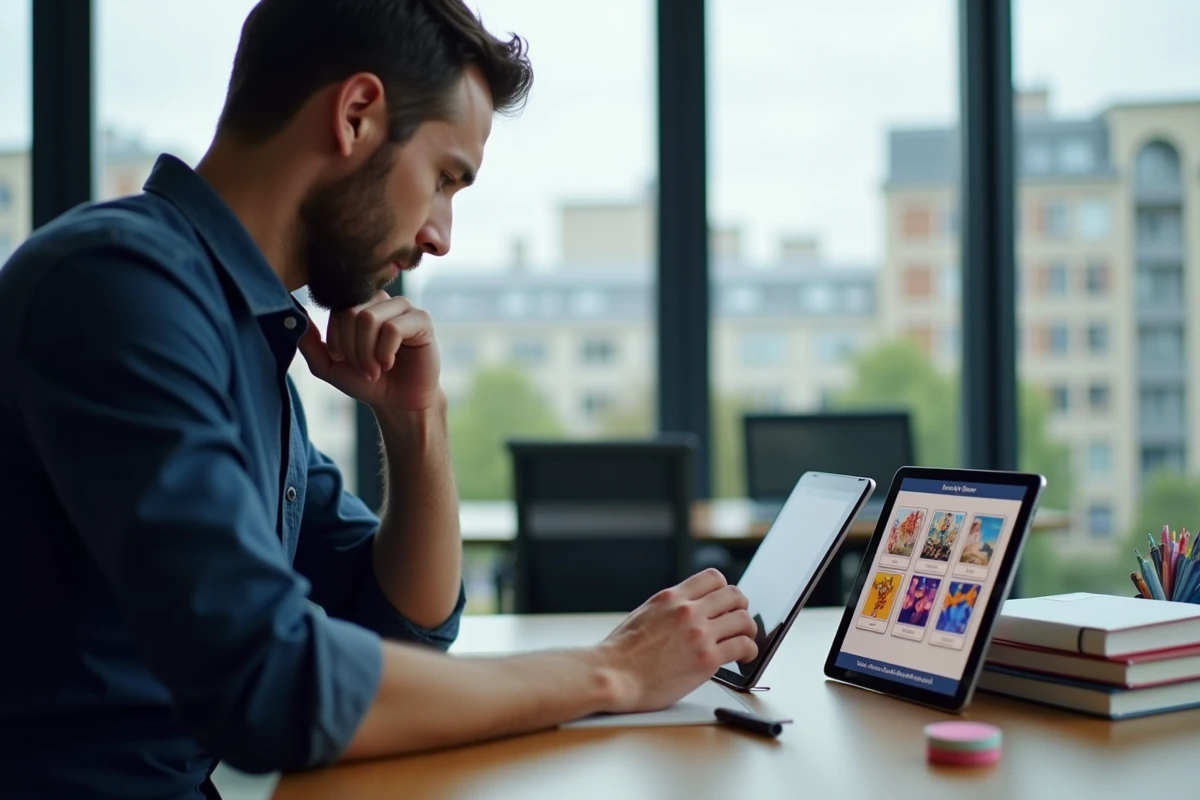 Homme adulte cherchant la solution à un jeu 4 Images 1 Mot 5 lettres sur tablette