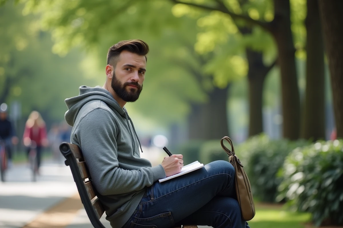 Homme transgenre prenant des notes sur un banc dans un parc public, symbolisant la préparation et la planification d'un premier rendez-vous en toute sécurité