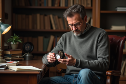 Homme d'âge moyen contemplant une montre à gousset dans un bureau