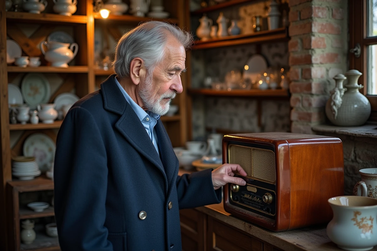 Homme âgé examinant une radio vintage dans une boutique