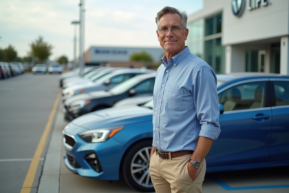 Homme d'âge moyen à côté d'une voiture d'occasion en concession