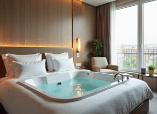 Chambre d hotel de luxe à Lille avec jacuzzi moderne près d une grande fenêtre