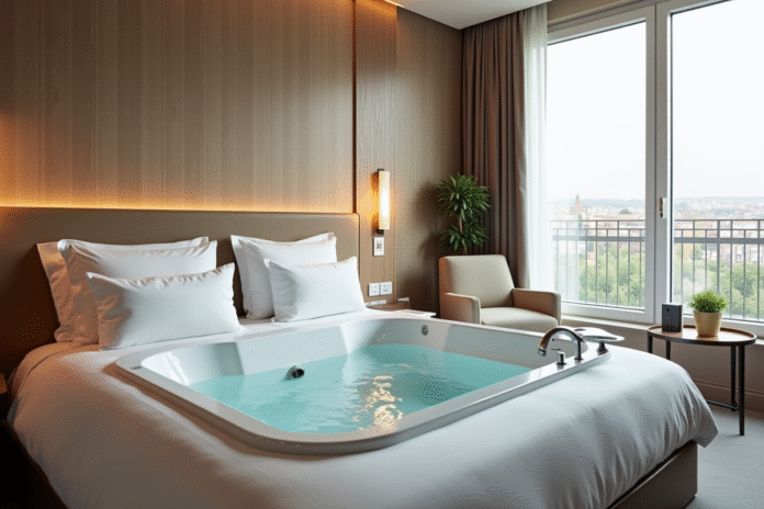 Chambre d hotel de luxe à Lille avec jacuzzi moderne près d une grande fenêtre