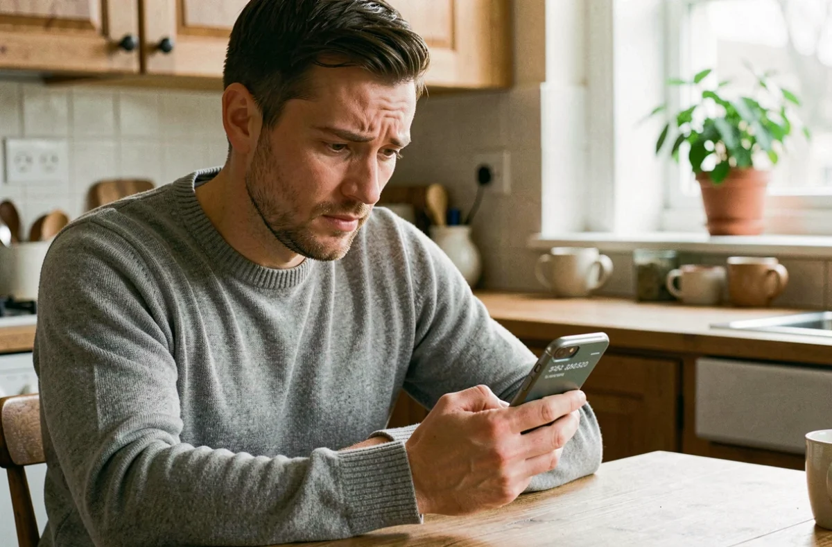 Homme consultant son smartphone avec méfiance face à un numéro de téléphone inconnu