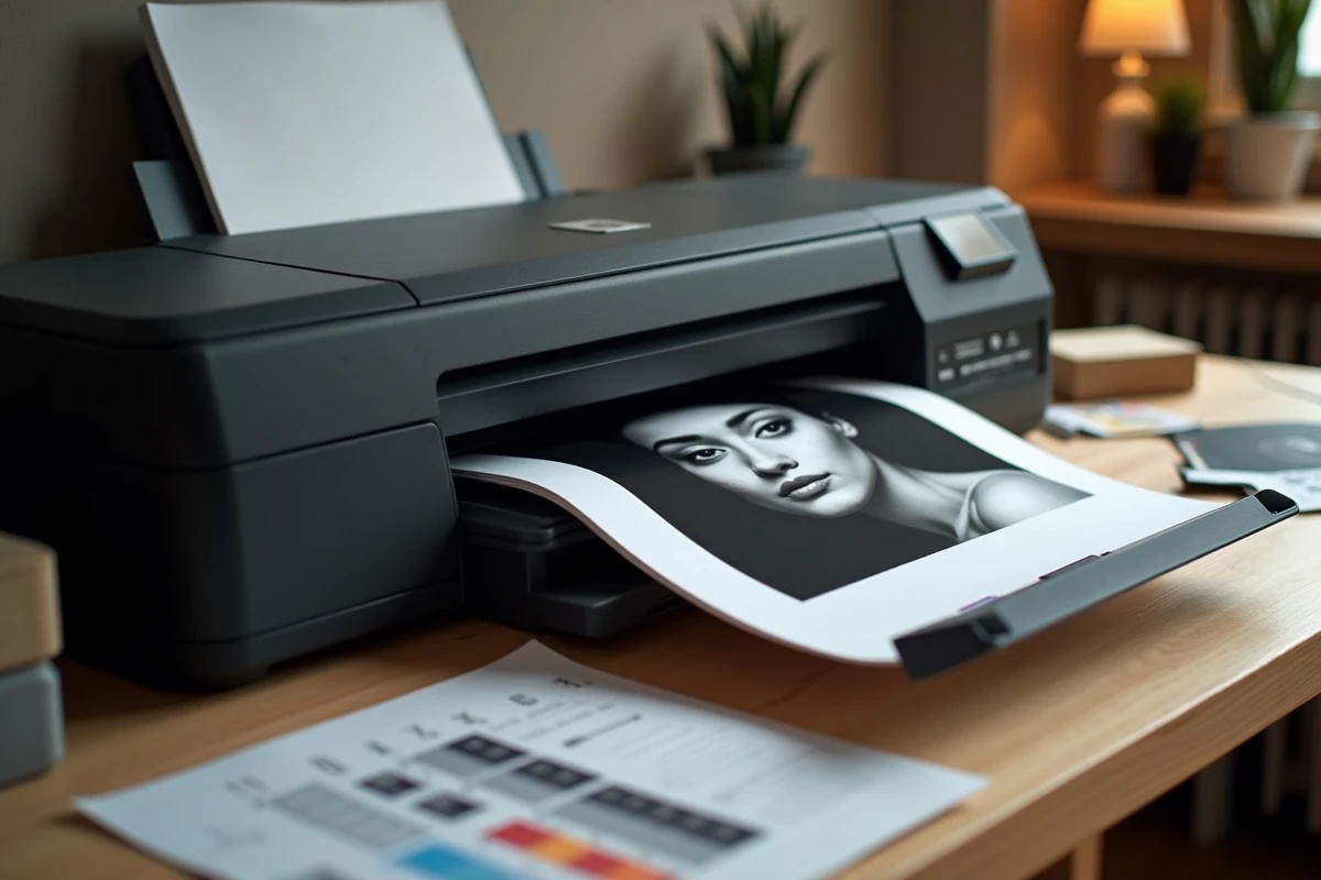 Imprimante photo professionnelle produisant un tirage noir et blanc grand format avec des noirs profonds et des détails précis