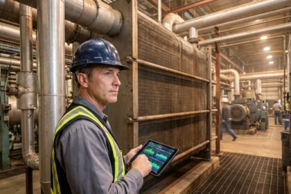 Ingénieur industriel analysant un système de récupération de chaleur en usine sur tablette numérique