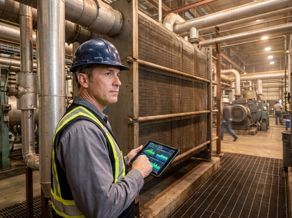 Ingénieur industriel analysant un système de récupération de chaleur en usine sur tablette numérique