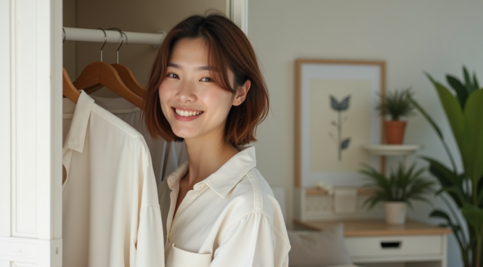 Jeune femme choisissant un t-shirt en coton bio dans sa chambre