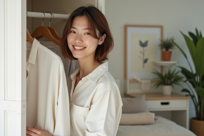 Jeune femme choisissant un t-shirt en coton bio dans sa chambre