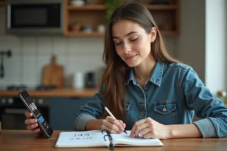 Jeune femme compare l'heure sur smartphone et carnet