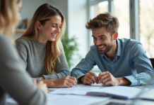 Jeune femme et jeune homme souriants au bureau avec documents de conduite