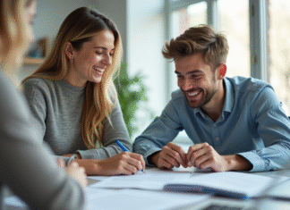 Jeune femme et jeune homme souriants au bureau avec documents de conduite