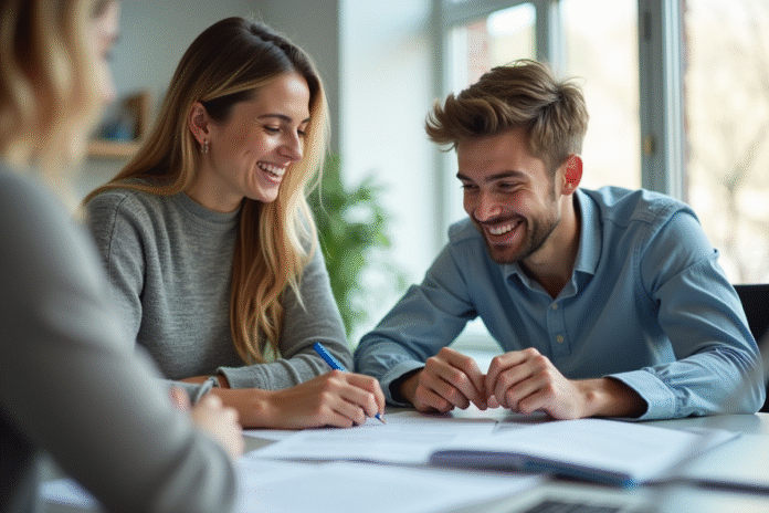 jeune-femme-jeune-homme-bureau Jeune femme et jeune homme souriants au bureau avec documents de conduite