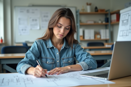 Jeune femme examine des plans électriques dans un bureau moderne