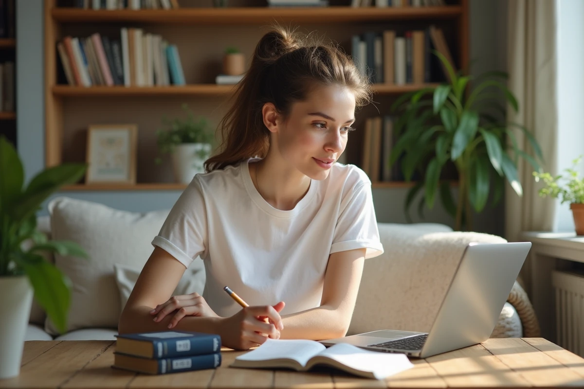 Jeune femme concentrée avec ordinateur et dictionnaire