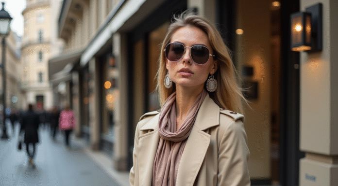 Jeune femme élégante en trench beige et accessoires mode