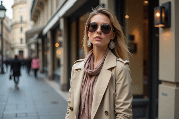 jeune-femme-mode-urbaine Jeune femme élégante en trench beige et accessoires mode
